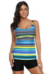 Bluish Zigzag Print Strappy Back Tankini Swimsuit